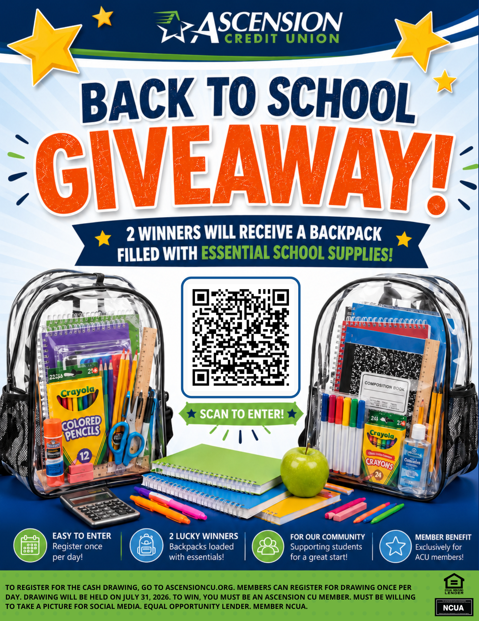 Ascension Credit Union Back to School Giveaway flyer